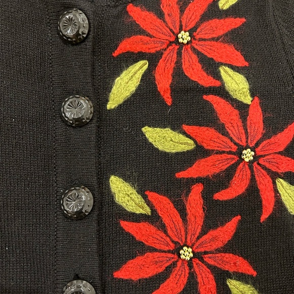 Vintage 90s Poinsettia Holiday Christmas Sweater Cardigan Beaded - Picture 4 of 5